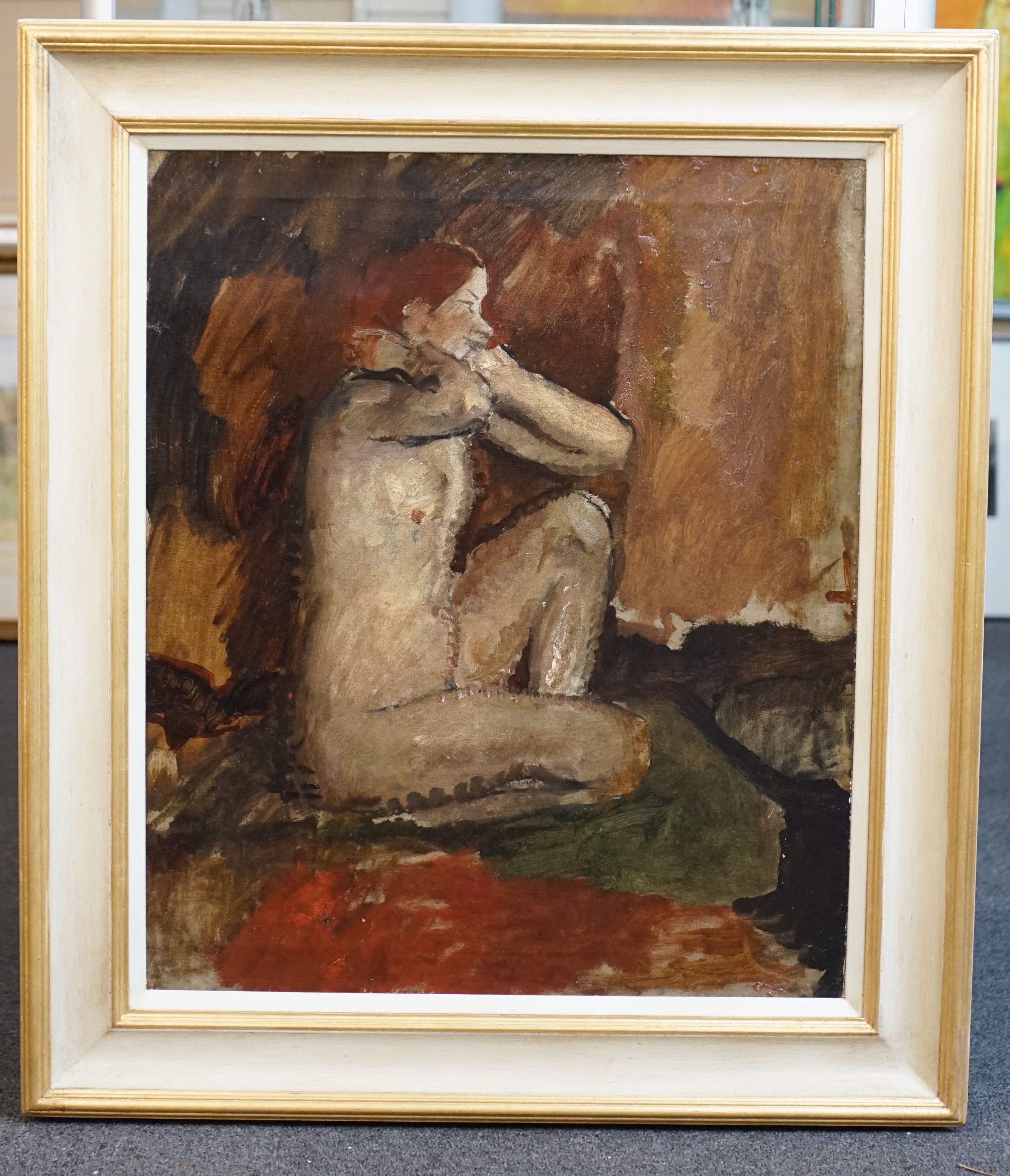 Dame Ethel Walker (1861-1951), oil on canvas, Crouching nude, inscribed verso, ex Collection Roger Shantz, 61 x 51.5cm